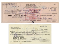 Moe Howard Lot of Two Checks Signed, Both Made Out to Comedy III Productions -- Dated 3 June 1963 Measuring 6'' x 2.75'', and 8 April 1963 Measuring 8.25'' x 3'' -- Very Good Condition